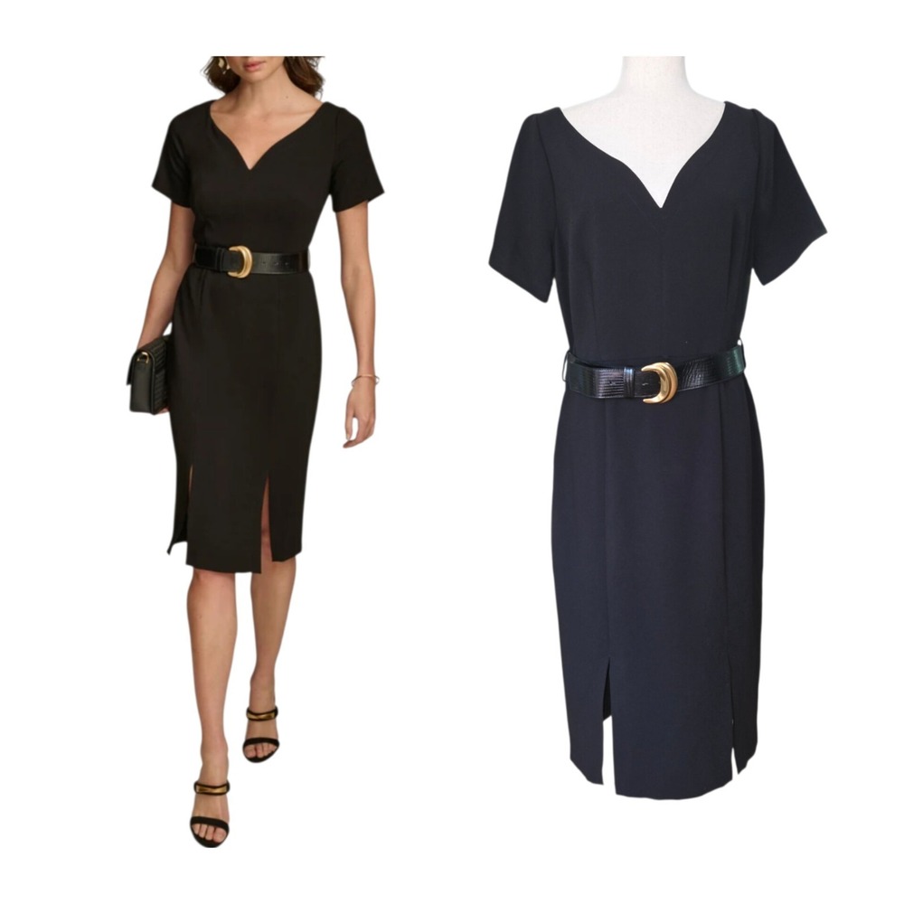 Donna Karan Belted Short Sleeve V-Neck Sheath Dress Double Split Size 12 Black